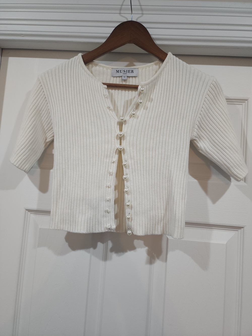 Musier Paris Cream Ribbed Pearl-Button Cropped Cardigan